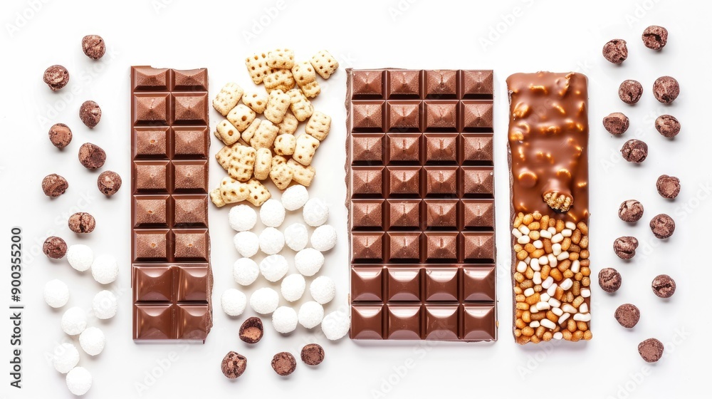 Top view of a chocolate bar split into halves, showing crispy wafers, rice balls, and caramel on white background, great for pastry shop concept Top view of a chocolate bar split into halves, showing crispy wafers, rice balls, and caramel on white background, great for pastry shop concept