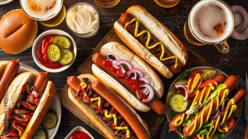 Wallpaper Mural Top view of assorted homemade hot dogs on a cutting board, accompanied by beer glasses, highlighting a casual dining setup Torontodigital.ca