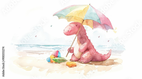 Fototapeta Naklejka Na Ścianę i Meble -  A cute pink dinosaur sitting under an umbrella, playing with toys on the beach,in watercolor style