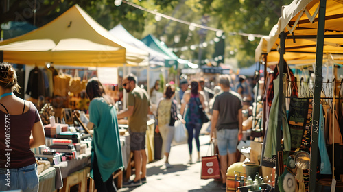 An outdoor flea market with colorful tents and a variety of goods for sale. photo