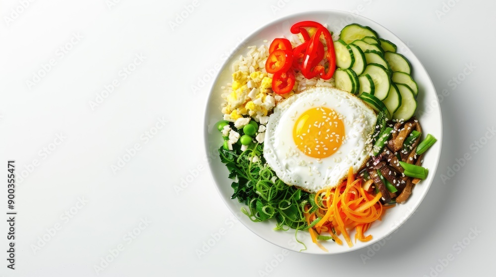 Top view of Korean Bibimbap isolated on a white background, showing a vibrant mix of vegetables, rice, and egg Top view of Korean Bibimbap isolated on a white background, showing a vibrant mix of vegetables, rice, and egg
