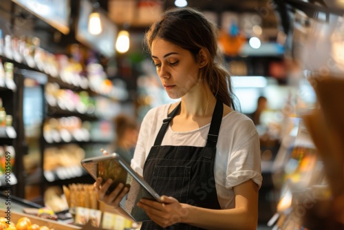 Grocery Store Employee Using Tablet for Inventory