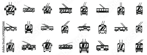 Trolleybus icons set. City trolleybuses driving on electricity, ecological urban transportation