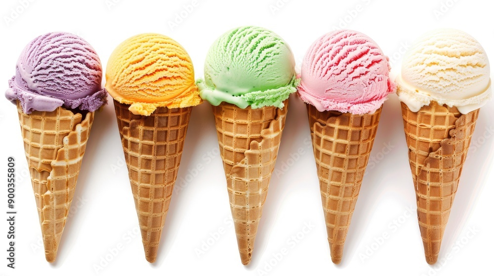 Various ice cream scoops with cones, isolated on white background, highlighting a range of flavors and vibrant colors Various ice cream scoops with cones, isolated on white background, highlighting a range of flavors and vibrant colors