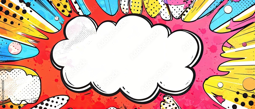 Obraz premium Colorful comic book explosion with blank white speech bubble in the center, surrounded by dynamic pop art elements.