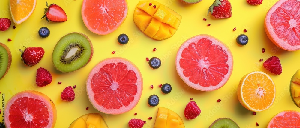 Colorful and fresh tropical fruits including grapefruit, kiwi, strawberries, mango, and blueberries on a bright yellow background. Colorful and fresh tropical fruits including grapefruit, kiwi, strawberries, mango, and blueberries on a bright yellow background.