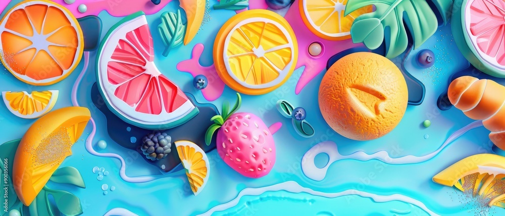 Vibrant 3D render of various fruits including oranges, watermelons, strawberries, and blueberries on a colorful abstract background. Vibrant 3D render of various fruits including oranges, watermelons, strawberries, and blueberries on a colorful abstract background.