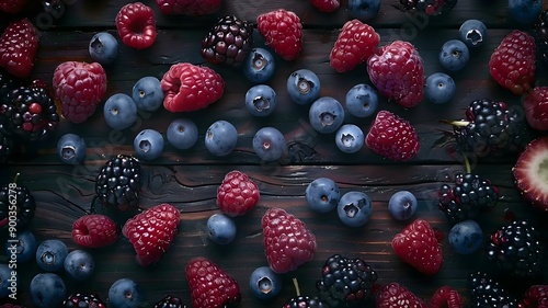  Freshly picked strawberries, blueberries, raspberries, and blackberries arranged on a rustic wooden board, emphasizing their freshness. . 
