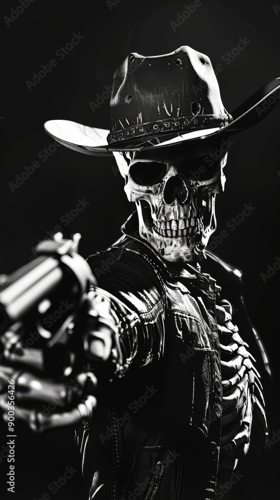 Obraz premium A black and white high contrast image of a skeleton cowboy pointing a revolver at the viewer