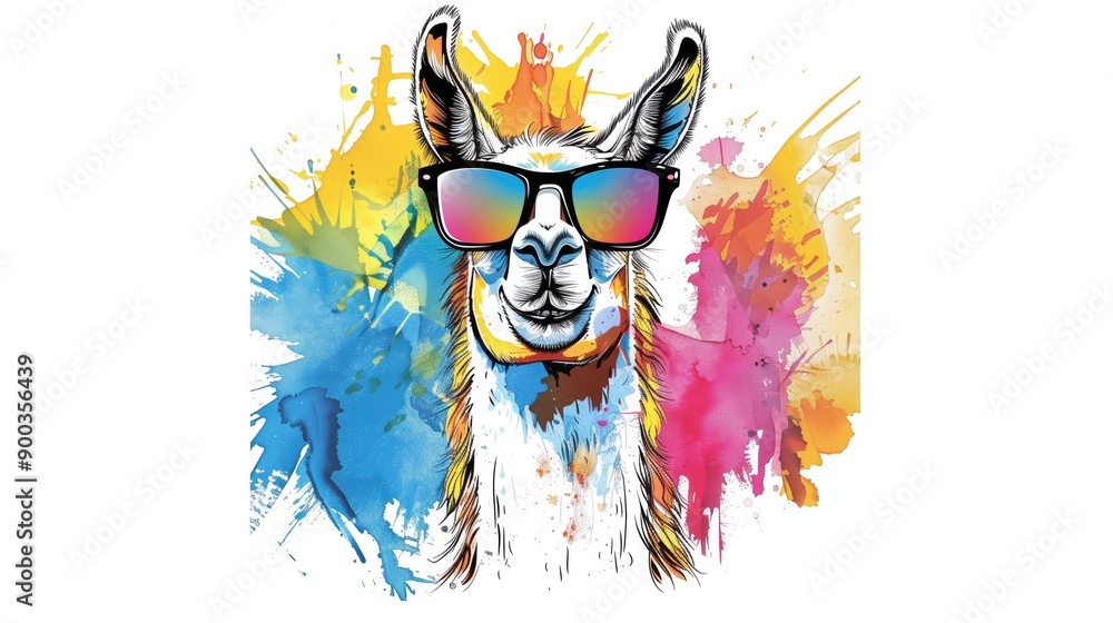 Fototapeta premium A cartoon style животное wearing sunglasses with a happy expression is depicted in a colorful ink painting style against a white background with clean lines and simple strokes. Generated AI
