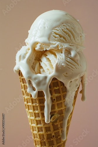 A close up of an icecream slightly melted dripping down the cone agianst a neutral coloured background photo awards photo