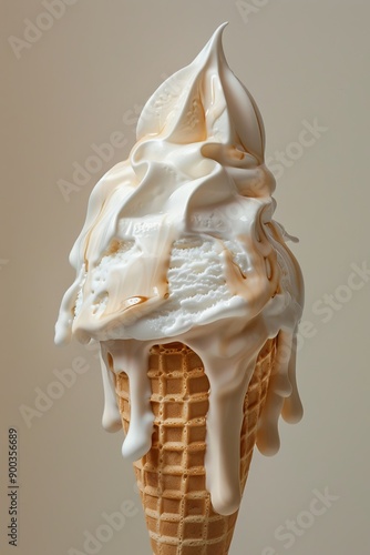 A close up of an icecream slightly melted dripping down the cone agianst a neutral coloured background photo awards photo