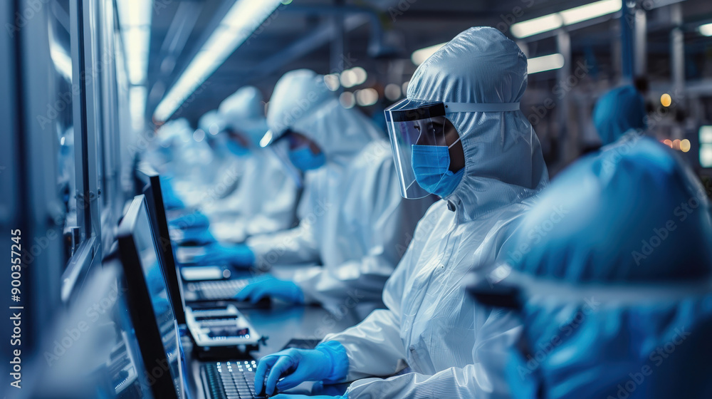 Diverse workers in protective suits assembling Diverse workers in protective suits assembling