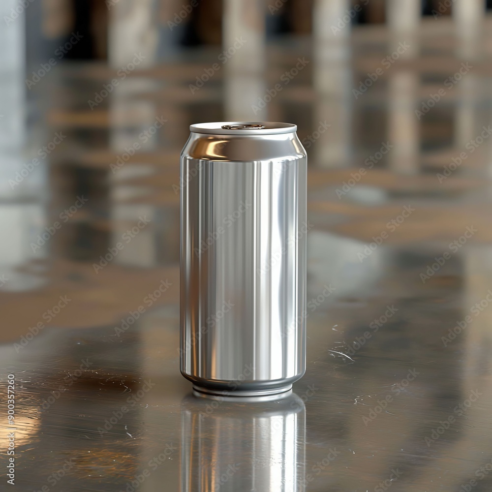 3D rendering of a shiny aluminum can on a stainless steel table with a clean, minimalist background in high resolution. 3D rendering of a shiny aluminum can on a stainless steel table with a clean, minimalist background in high resolution.