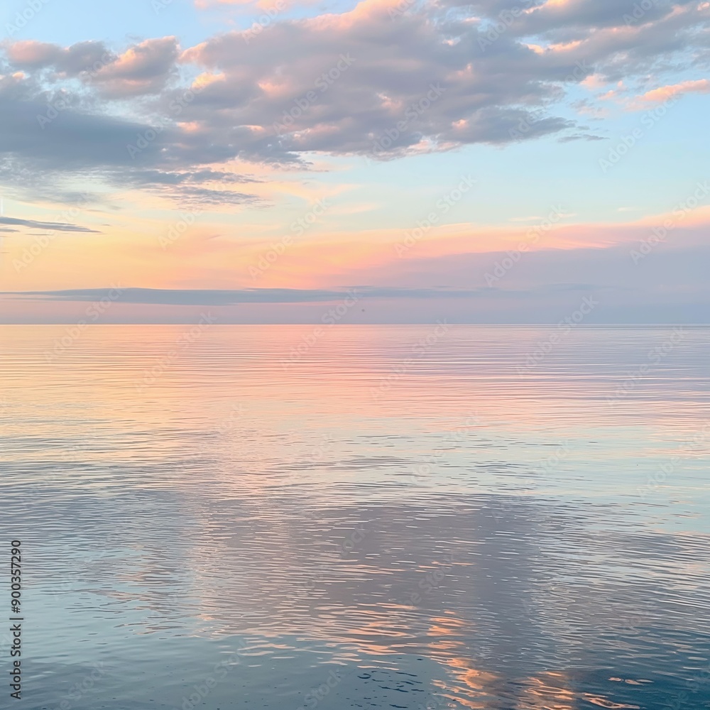 Fototapeta premium A serene sunset over tranquil lake waters with pastel clouds reflecting on calm water and a soft pink sky, evoking natural beauty.