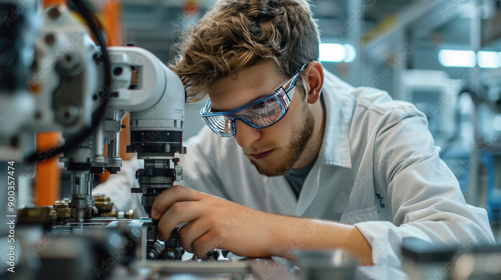 Worker inspecting robotic fabrication systems, fabrication Worker inspecting robotic fabrication systems, fabrication
