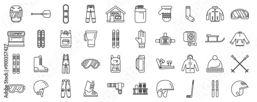 Ski equipment rental icons set. Skiing and snowboarding equipment and accessories for winter sports and activities line icons set