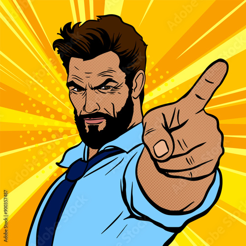 Serious man pointing at you with his finger on rays background, comic pop art vector illustration