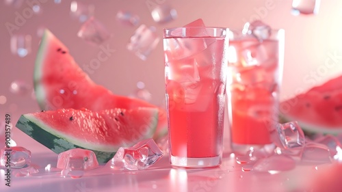  Close-up of a glass of strawberry juice with ice cubes and a fresh strawberry on the rim. 
