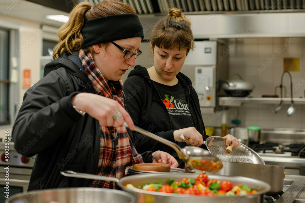 Cooking mentor guides student with colander emphasizing kitchen skills Cooking mentor guides student with colander emphasizing kitchen skills