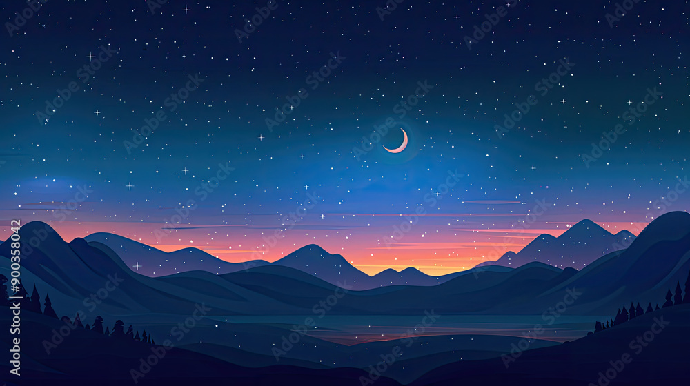 A serene night landscape featuring mountains, a glowing crescent moon, and a starry sky with vibrant hues of blue and orange. A serene night landscape featuring mountains, a glowing crescent moon, and a starry sky with vibrant hues of blue and orange.