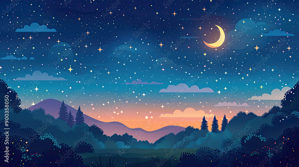 Fototapeta premium A serene night sky filled with stars and a crescent moon over distant mountains and tranquil forests.