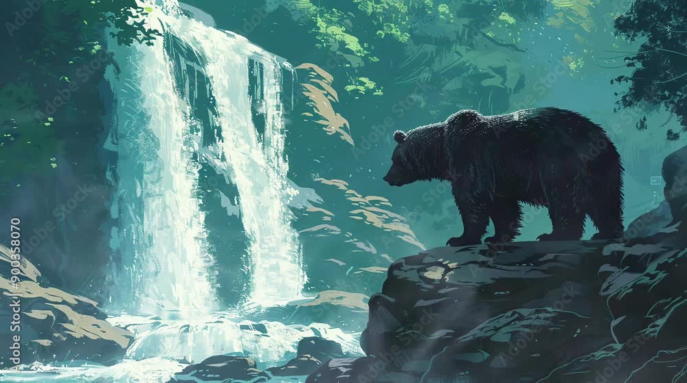 Majestic bear by a cascading waterfall in a magical fantasy forest ...