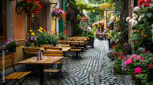 Fototapeta Naklejka Na Ścianę i Meble -  Charming streets lined with cozy cafes and bistros offering outdoor dining options on a sunny day.
