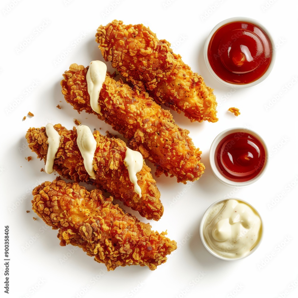 A realistic photography of breaded chicken fingers with ketchup and mayonnaise on the side white background top view food advertising