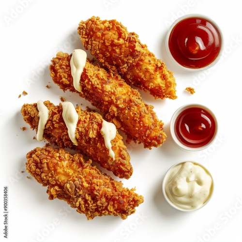 Obraz na płótnie A realistic photography of breaded chicken fingers with ketchup and mayonnaise on the side white background top view food advertising w salonie