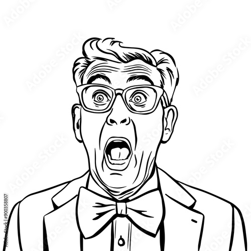 Mature man wearing jacket with a bow tie opens his mouth in amazement and widens his eyes, comic pop art vector illustration, outline