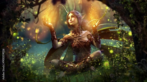 A cute fairy with green ruddy skin and a mustache smiles creating yellow sparks in the middle of a dark night deep forest, she is sitting on grass, surrounded by fireflies clean looped 2d animated art