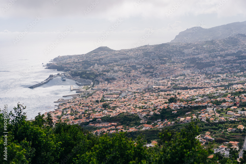Obraz premium Funchal city of Madeira island Portugal with fortress on the coast of Atlantic Ocean. Aerial view