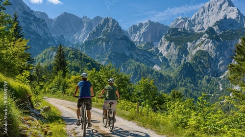 active senior couple on a mountain bike tour in the Julian Alps above Kranska Gora in Slovenia
