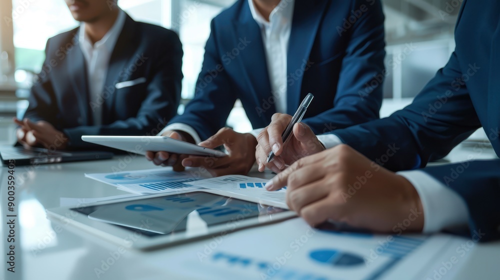A team discussing financial reports A team discussing financial reports