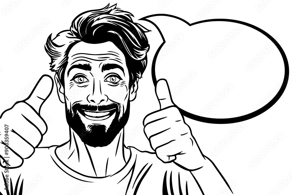Fototapeta premium thumbs up Young happy smiling man with thumbs up and speech bubble, comic pop art vector illustration, outline