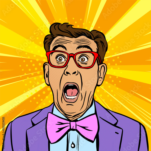 Mature man wearing purple jacket with a pink bow tie opens his mouth in amazement and widens his eyes, comic pop art vector illustration