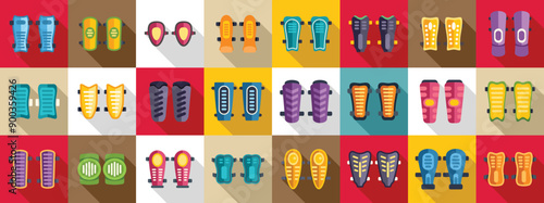 Shin Guards icons set. Soccer shin pads icons set in flat style for any design