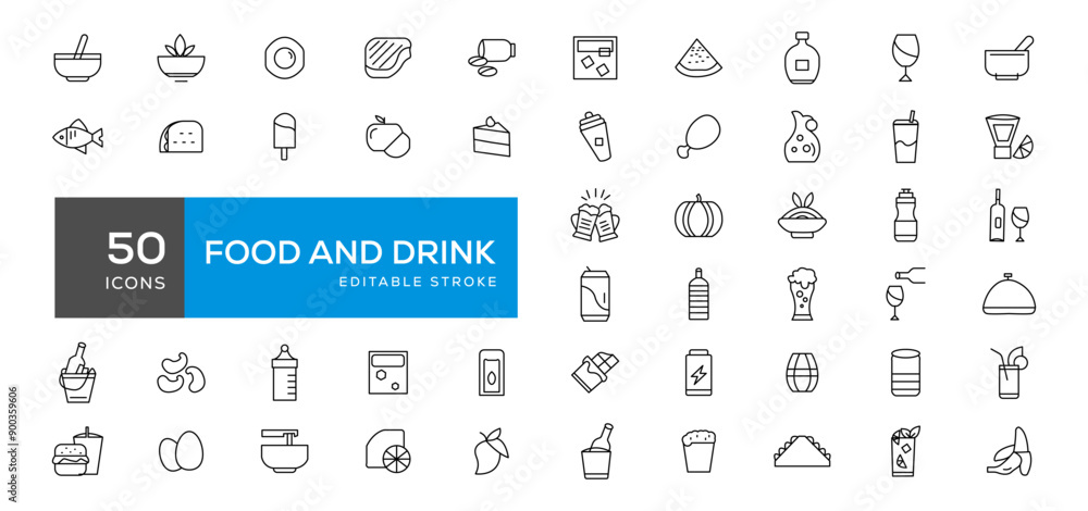 Food and drink icon collection set. Thin outline icons. Meat, milk, noodle, soup, bread, egg, cake, sweets, fruits, vegetables, drinks, nutrition, pizza, fish, sauce, cheese icon Food and drink icon collection set. Thin outline icons. Meat, milk, noodle, soup, bread, egg, cake, sweets, fruits, vegetables, drinks, nutrition, pizza, fish, sauce, cheese icon
