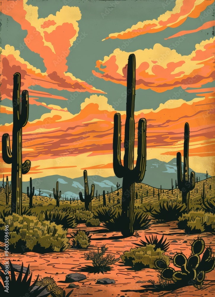 An illustration of a vintage national park poster featuring saguaro national park the sky has orange pink hues in vintage woodcut style