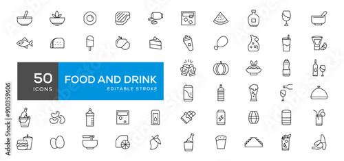 Food and drink icon collection set. Thin outline icons. Meat, milk, noodle, soup, bread, egg, cake, sweets, fruits, vegetables, drinks, nutrition, pizza, fish, sauce, cheese icon