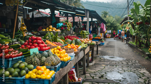 Charming market in a quaint village, bustling with locals and selling fresh produce and goods. photo