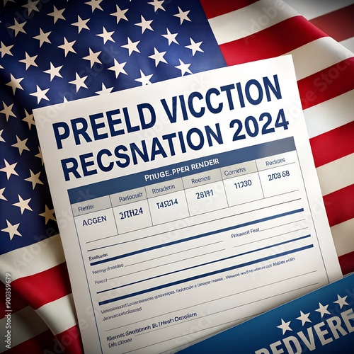 US Voter Registration Application for presidential election 2024. United States voter registration application ready to be filled out, on an American flag background for upcoming election.