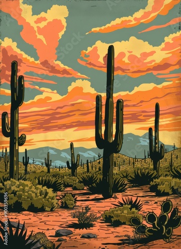 Obraz na płótnie An illustration of a vintage national park poster featuring saguaro national park the sky has orange pink hues in vintage woodcut style w salonie