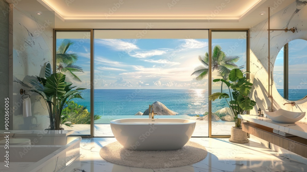 Naklejka premium A large white bathtub is in a bathroom with a view of the ocean