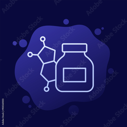 bottle of chemicals icon with a molecule, line vector