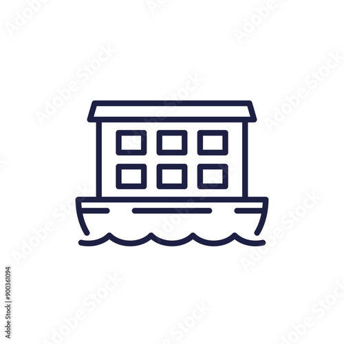 houseboat in water icon, floating house line vector