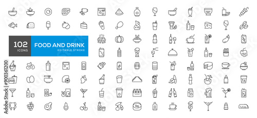 Food and drink icon collection set. Thin outline icons. Meat, milk, noodle, soup, bread, egg, cake, sweets, fruits, vegetables, drinks, nutrition, pizza, fish, sauce, cheese icon