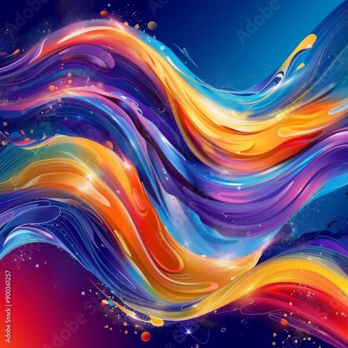 Abstract colorful wavy lines with glowing particles, vibrant background.