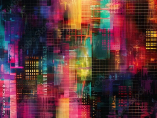 Abstract digital art with vibrant colors and geometric shapes, creating a dynamic and futuristic composition.